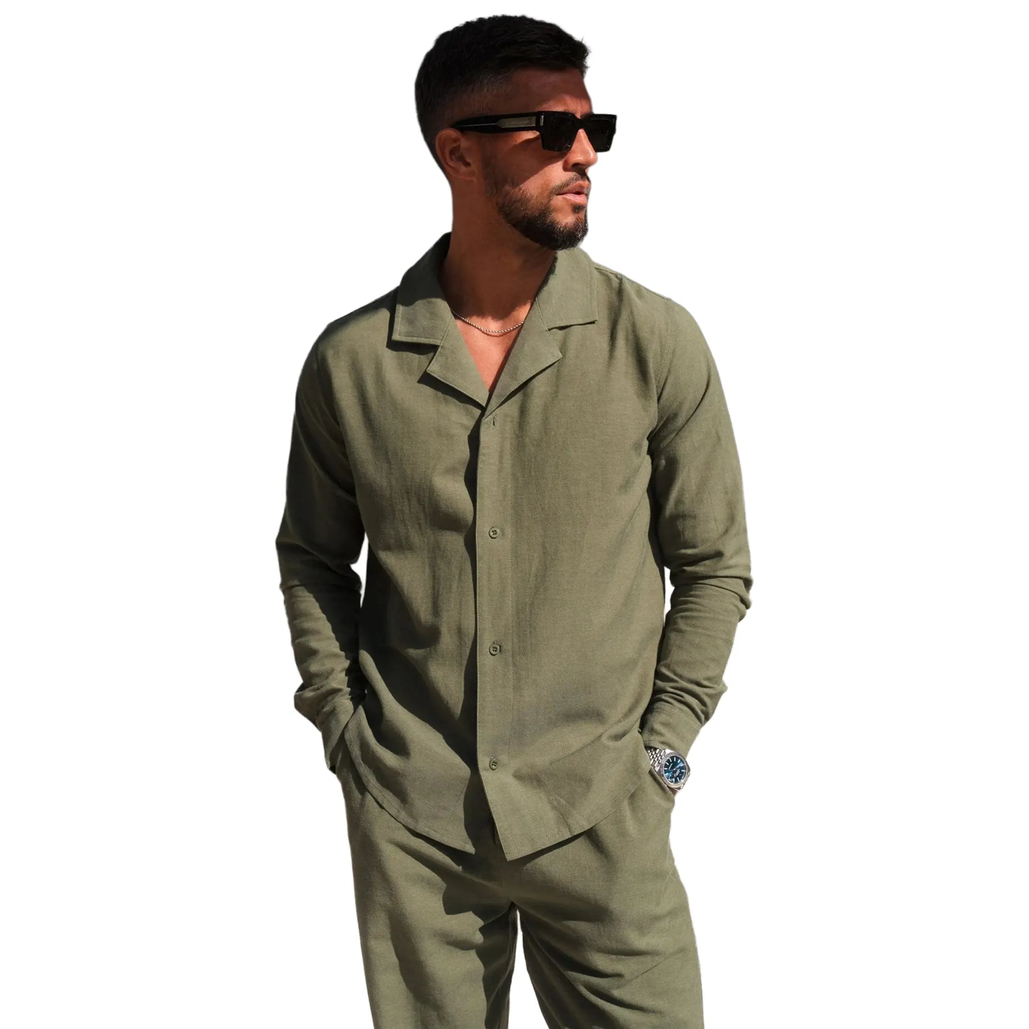 Front View of Belier Olive Linen L/S Shirt